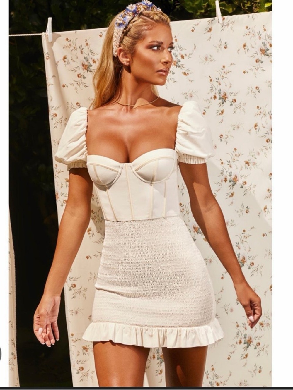 Oh Polly Ivory Puff-Sleeve Corset Mini Dress